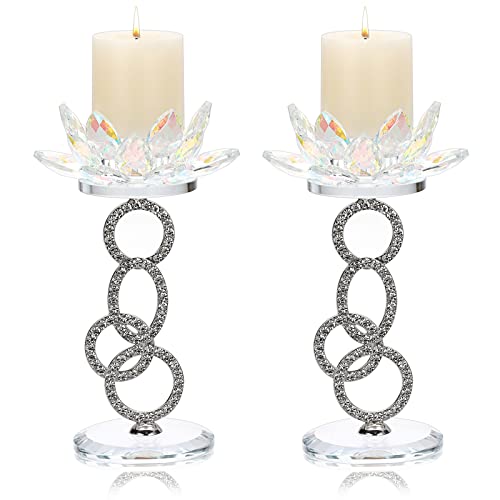 OwnMy Set mit 2 Kristall-Lotusblumen-Kerzenständern, Metallglas, Lotus-Stumpenkerzenhalter, bunte Kristall-Lotus-Teelicht-Kerzenständer, Votivkerzenständer für Hochzeitstischdekoration, 19,1 cm hoch Cover