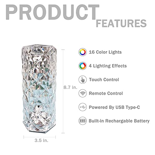 Zhoppy Crystal Lamp, Touch Control Rose Crystal Table Lamp With 16 Rgb Color Changing Dimmable Night Light, Led Lamps For Bedroom With Type C Port & Remote, Christmas Gift For Kids Teens Girls Boys #TOP4
