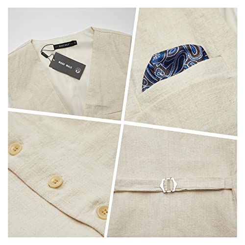 Mage Male Men's Linen 2 Piece Suit Slim Fit Wedding Groomsmen Summer Vest Pants Set With Pocket Square #TOP2
