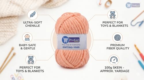 Image of ProKart Premium Blankie Wool, Plush & Cuddly, Chenille Yarn Supersoft Hand Knitting Wool Ball | Blanket Thick /Mottu Yarn Ball Suitable for Hand Knitting and Crocheting for Baby, Adult, Sweaters, caps, Throws, Home Furnishing, Scarves, Blankets (Peach, 100gms x 2 Pack)