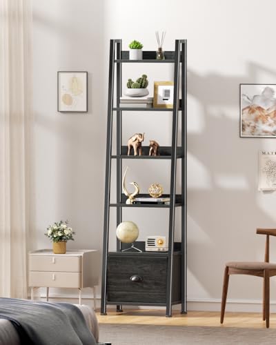 Image of Furologee 6 Tier Ladder Shelf,Ladder Bookshelf with Drawer,Industrial Tall Bookcase,Storage Rack Organizer,Wood Metal Freestanding Shelves for Living Room, Home Office, Bedroom,Black Oak