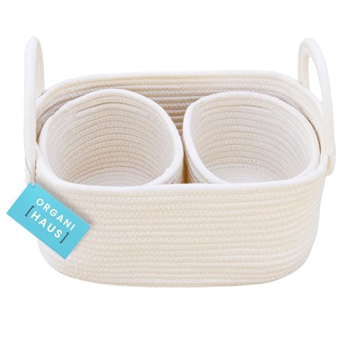 Image of OrganiHaus White Small Woven Baskets for Storage | Baby Hamper & Baby Changing Basket | Storage Baskets for Shelves | Cotton Rope Baskets w/Handles | Set of 3 Cloth Baskets for Organizing and Storage