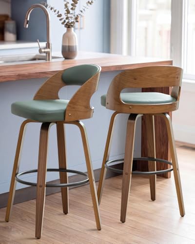 Image of AQG Swivel Bar stools Set of 2 Bar Chairs 26 inch Counter Height Mid-Century Modern Bentwood Barstool PU Leather Upholstered Bar Chair with Back and Footrest, for Bar, Cafe, Dining, Kitchen Island, Green