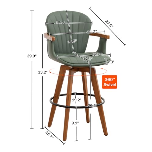 Image of LUNLING 26 inch Counter Height Stools Set of 3.Mid Century Modern Bar Stools,Green PU Leather Kitchen Island Stools,Wood High Barstools Swivel with Back and Arms for Home Bar Furniture