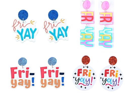 4 Pairs Funny Fri Yay Letter Earrings Set Glitter Friday Acrylic Dangle Drop Earrings for Women Jewelry Teacher Appreciation Gifts