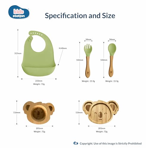 Image of Kids Station Koala Design 5-Piece Silicone Feeding Set for Babies | BPA-Free, Includes Suction Plate, Bowl, Spoon, Fork & Bib | Ideal for Infants & Toddlers (Set of 5 Koala Feeding Set, Green)