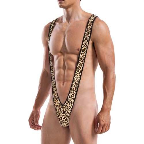Mens Sexy V Sling Underwear One Piece Bodysuit Strap Swimsuit Bulge Pouch Mankini Thong Gag Gift (US, Alpha, One Size, Regular, Regular, Leopard Print)