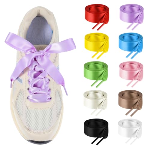 Tyqour 10 pares de cordones planos de satén, 120 cm, seda suave, cordones de raso coloridos y anchos para zapatos deportivos, zapatillas de correr, zapatos de exterior, multicolor, 120 x 2cm