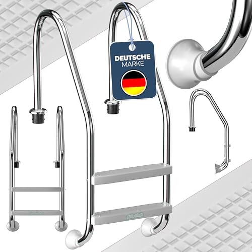 poolomio® Poolleiter Edelstahl Easy Entry Standard 2-stufig für Pools über 0,90 m Höhe | Schwimmbadleiter mit Anti-Rutsch-Stufen | V2A Edelstahlleiter hochglanzpoliert, belastbar bis 120 kg