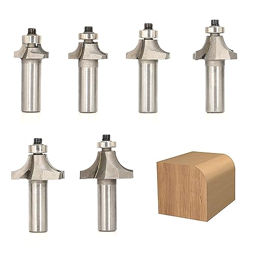 Promsa 6pcs Roundover Router Bits Set 1/2 Inch Shank, Corner Round Over Router Bits, Carbide Roundover Bits for Rounding Edge Forming (Radius1/4´´ 3/16´´ 5/16´´ 1/2´´ 3/8´´ 7/16´´)