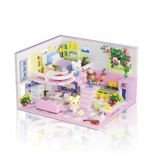 Hallisun ブロックセット 熊さん ピンク部屋模型 組み立て おもちゃ ミニチュアハウス ミニサイズ レンガブリック 大人 子供 向け 男の子女の子8歳+ クリスマス 入学 お祝い こどもの日 誕生日 プレゼント ギフト 贈り物 1110 PCS
