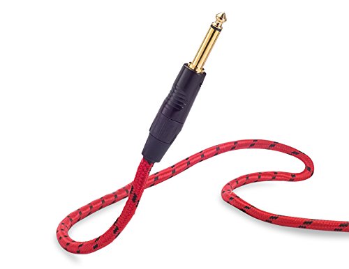 Kliq Guitar Instrument Cable, 20 Ft - Custom Series With Premium Rean-Neutrik 1/4" Straight To Right Angle Gold Plugs, Red/Black Tweed #TOP4