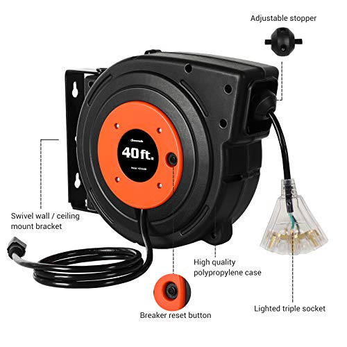 Dewenwils Retractable Extension Cord Reel, 40 Ft Heavy Duty Power Cord, 12Awg/3C Sjtow, 3 Grounded Outlets Lighted Triple Tap, 15 Amp Circuit Breaker, Ul Listed #TOP3