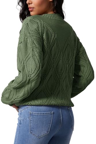 Image of Allimy Women's 2025 Elegant Crewneck Crochet Cable Knit Sweaters for Women Openwork Fall Outfits