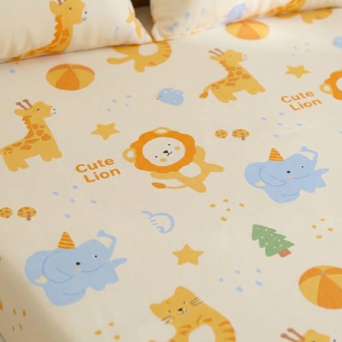 Image of Filymore Kids Double Bed Sheet Set with 2 Pillow Covers - Cute Cartoon Elephant & Lion Print, 240 TC Soft Microfiber Bedsheet for Double Bed, Cream Orange Blue Bedspread, 90x90 Inch