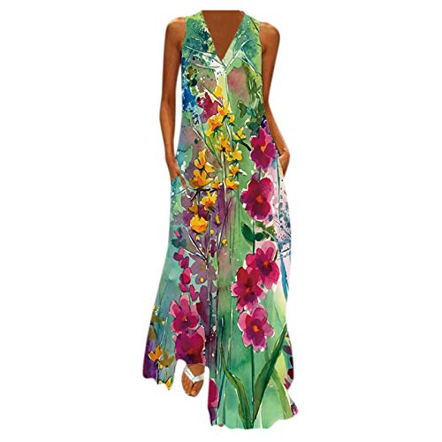 Women's Vintage Bohemian Long Dress Floral Printed Sleeveless Maxi Dress Casual V Neck Plus Size Tunic Tank Dress
