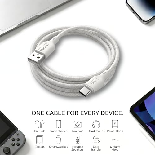 Image of PHILIPS DLC4130AW /94 18W Type-A to Type-C Fast Charging Cable (1m, Bright White) | Nylon Braided | Compatible with iPhone 15+ Series, USB-C iPad Models, Samsung Galaxy & All Type C Devices