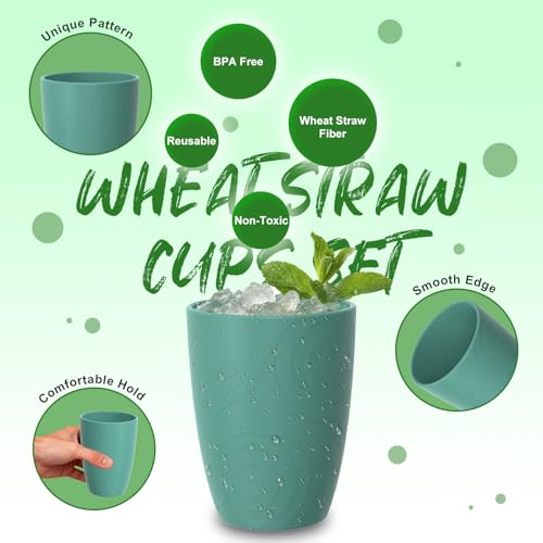Image of Wheat Straw Cups of 6, 16 OZ Plastic Cups for Kitchen, Multicolor