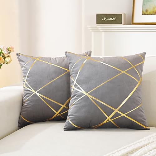 Gyulin Pack of 2 Velvet Throw Pillow Covers 18x18 Inch - Gray Gold Foil Geometric Cushion Cases, Modern Luxury Sofa Bedroom Living Room Home Decor