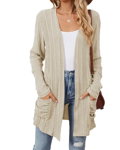 Famulily Rib Knitted Long Comfy Cardigans for Women, Open Front Sweater Cardigans for Ladies with Pockets (M, Beige)