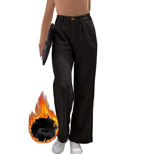 Fakanhui Women's Fleece Lined Dressy Work Pants Wide Leg High Waisted Winter Warm Casual Slacks Pants