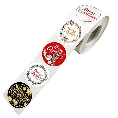 Merry Christmas Stickers Labels Roll 1.5 Inch 5 Designs Round Christmas Tags 600 Adhesive Xmas Decorative Envelope Seals Stickers for Cards Gift Envelopes Boxes (1.5''-600 PCS)