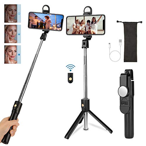 Maxuni Palo Selfie, Palo Selfie Tripode Bluetooth, Selfie Stick con Luz Ajustable y Control Remoto Inalámbrico de Rotación 360°para iPhone 11 Pro MAX XR X 7 8/Samung/Huawei y más