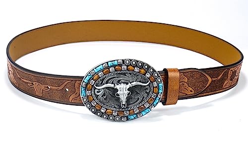 Utaly Western Cowboy Cowgirl Leather Belts - Women Men Turquoise Embossed Waist Belts With LongHorn Bull Buckles Fit 25-38”
