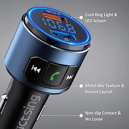 VicTsing (Upgraded Version) V5.0 Bluetooth FM Transmitter for Car, QC3.0 & LED Backlit Wireless Bluetooth FM Radio Adapter Music Player /Car Kit with Hands-Free Calls, Siri Google Assistant-Blue