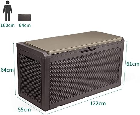 YITAHOME Garden Storage Box Waterproof, Heavy Duty 380L Large Resin Deck Boxes with Cushion, Weather Resistant Durable Garden Storage Box, Outdoor Cushions, Lockable, Outdoor Storage Containers,Brown