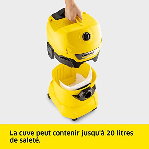 Kärcher Aspirateur Multifonction WD 4 V-20/5/22, Puissance : 1000 W, Cuve en Plastique : 20 l, Flexible d'Aspiration : 2,2 m, avec Filtre Plissé Plat, Sachet Filtre Ouate, Suceur Sol/Fentes - Image 3