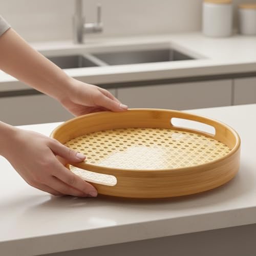 Image of Curated Cart Bamboo Serving Tray with Cut-Out Handles - Rattan Cane Woven Base - Eco-Friendly Rustic Tray for Coffee Table, Breakfast, Kitchen, Bathroom Decor - Lightweight, Durable - Round - 25cm