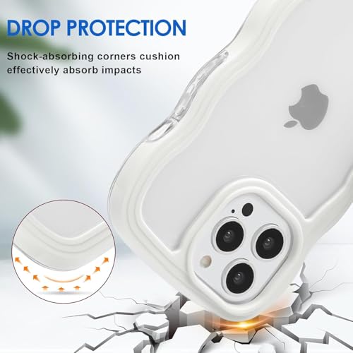 Image of GoldKart iPhone 13 Pro Max Case Wavy Edge Clear Back Design, Anti-Slip Grip Cute Wave Curly Frame Shape Shockproof Soft TPU & Hard PC Bumper Protective Phone Case Cover for Women Girls - White