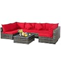 Tangkula 7 Pieces Patio Rattan Furniture Set, Patiojoy Outdoor Conversation Set with Cushions and Tempered Glass Coffee Table, All-Weather Sectional Sofa Set for Garden, Lawn, Backyard (Red)