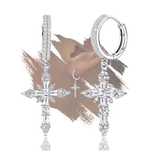 Trendy Sterling Silver Huggie Hoop Dangle Pendant Cross Earrings for Women Dainty Cartilage Charms White Gold Plated Hypoallergenic Jewelry Birthday Gift for Women