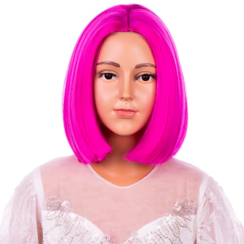 Image of Hot Pink Wig Neon Pink Wig Magenta Short Middle Part Wigs for Womens Synthetic Wigs for Daily Party Halloween Use