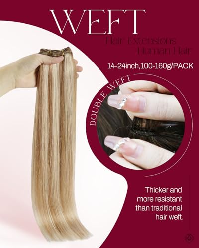 Image of Moresoo Human Hair Weft Extensions Sew in, Highlights Brown with Blonde | 22 Inch 140g, aligned human hair offers fuller coverage, ideal for editorial photoshoots, bridal events and sleek updos