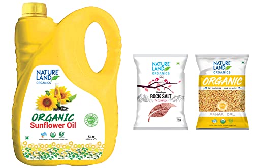 Image of Natureland Organics Sunflower Oil Jar, 5 L & Arhar /Toor Dal Pouch, 1 kg & Himalayan Pink Rock Salt 1 KG (Pack of 3)- Organic Rock Salt