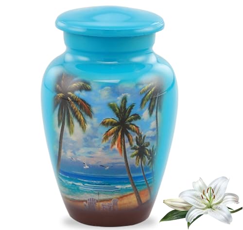 Paradise Beach Keepsake Urn - Hand Painted Miniature Palm Trees Urn with Premium Case & Bag