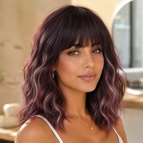 Nnzes Wine Wigs for Women 16 Inch Synthetic Short Curly Wig with Bangs