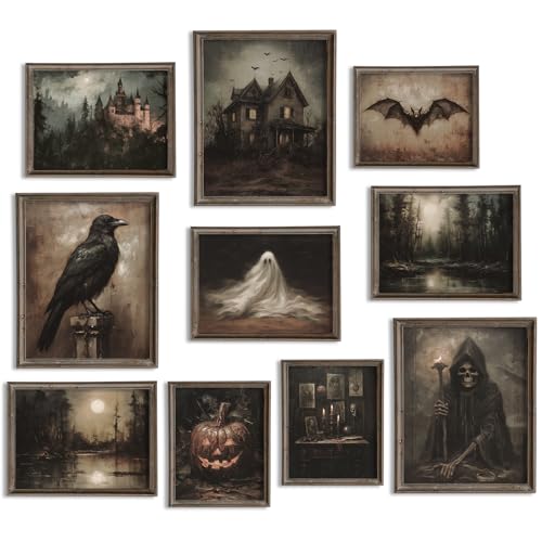Whaline 10Pcs Halloween Dark Wall Art Prints Creepy Halloween Aes...
