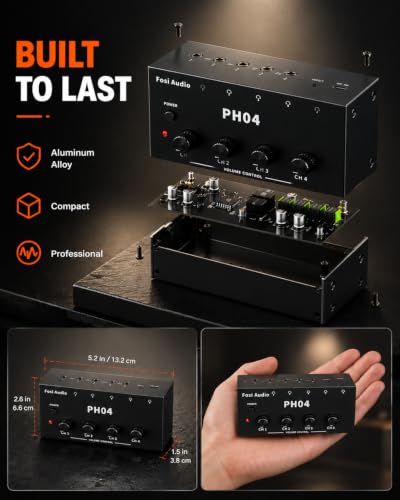 Image of Fosi Audio PH04 4 Channel Headphone Amplifier Stereo Audio Amp with 12V 1A Power Adapter Ultra-Compact Portable Headphone Splitter for Studio and Stage