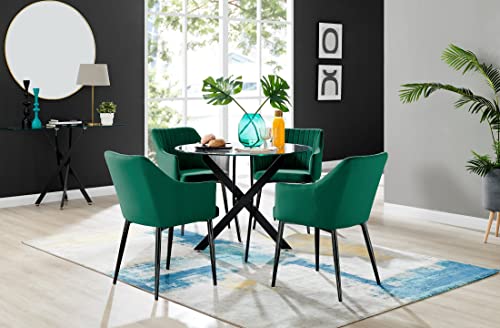 Furniturebox UK Novara Black Leg Round Glass Dining Table & 4 Green Calla Black Leg Chairs