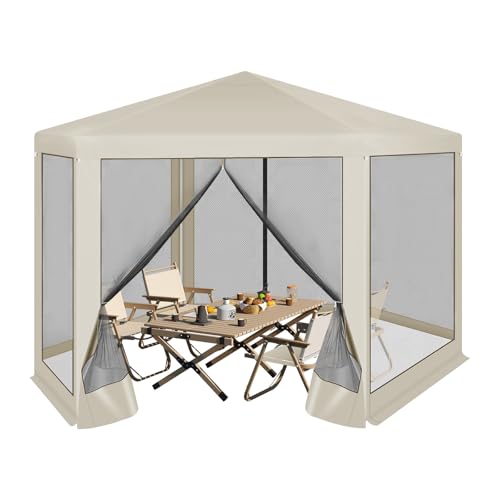 WOLTU Gazebo da Esterni, Pergolato da Giardino, Gazebo Pieghevole e Impermeabile, con Pareti Laterali a Zanzariera, Esagonale, per Campeggio, Feste, 3,8x3,3m, Beige