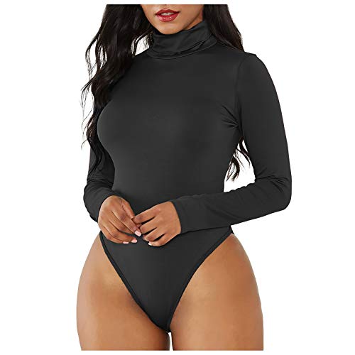 Women's Basic Solid Bodysuit Turtleneck Leotard Top Long Sleeve Bodycon Jumpsuit Stretchy Romper Black