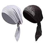 2 Pack Woman's Chemo Hat Crystal Pleated Stretchy Turban Cap Beanie Bandana Skull Cap Ethnic Head Wrap Hat Headscarf for Cancer Patients,Alopecia Hair Loss