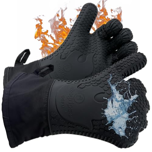 Ekogrips Plus Oven Gloves with Fingers, Comfy Waterproof Silicone Oven Mitts Heat Resistant with Long Cuff, Insulated BBQ Gloves Perfect for Grilling, Baking, Smoker, Canning, and Pizza, Black, OSFM