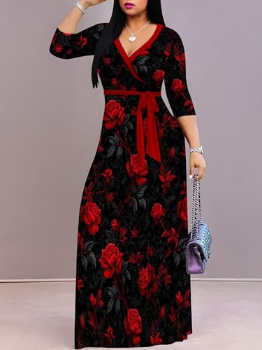 Image of PinkPatty Women's Long Sleeve Maxi Dress Plus Size Trendy Wedding Guest Dress with Pockets&Belt