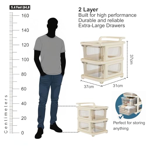 Image of Aliensware 2Layer Plastic Storage Drawer Organizer with Wheels, Modular Cabinet for Home, Office, School, Hospital, Parlor, Morden Kitchen,Clothes, Toys Organiser for Kids Room,Aliens-Clear Ivory