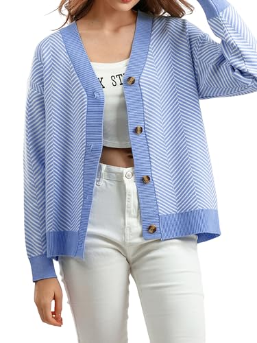 Image of ZAFUL Women's Striped Cardigan Button Up Open Front Knit Oversized Sweater | Button down, Soft chunky knit, Lightweight, Loose fit, Long lantern sleeve, Casual Daily Going Out, Fall Winter Outfits